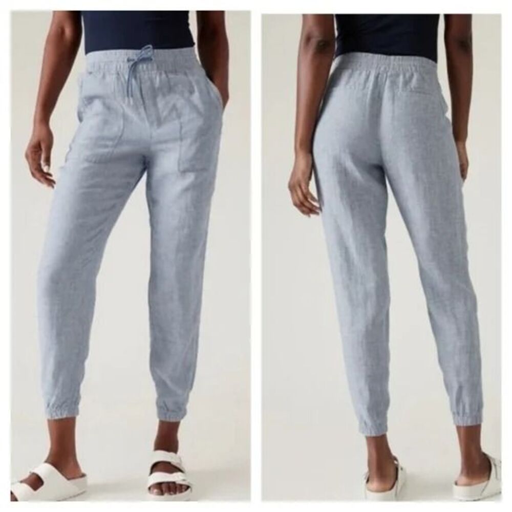 Athleta Cabo 100% Linen Jogger Chambray Blue Zip Pockets Drawstring Size 2P